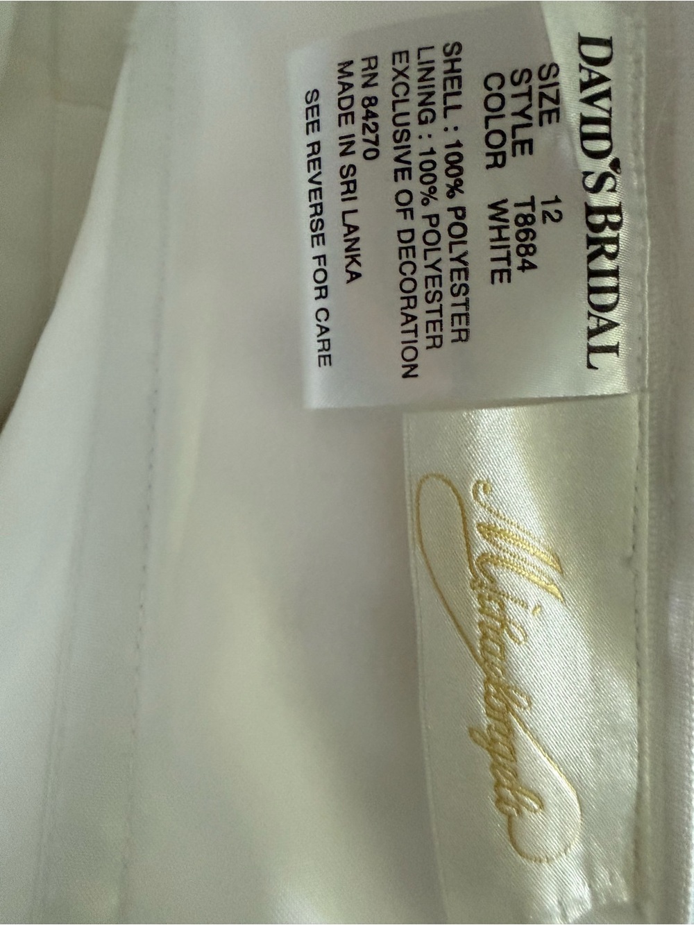 David's Bridal White Wedding Dress Label Detail - Picture 3 of 8